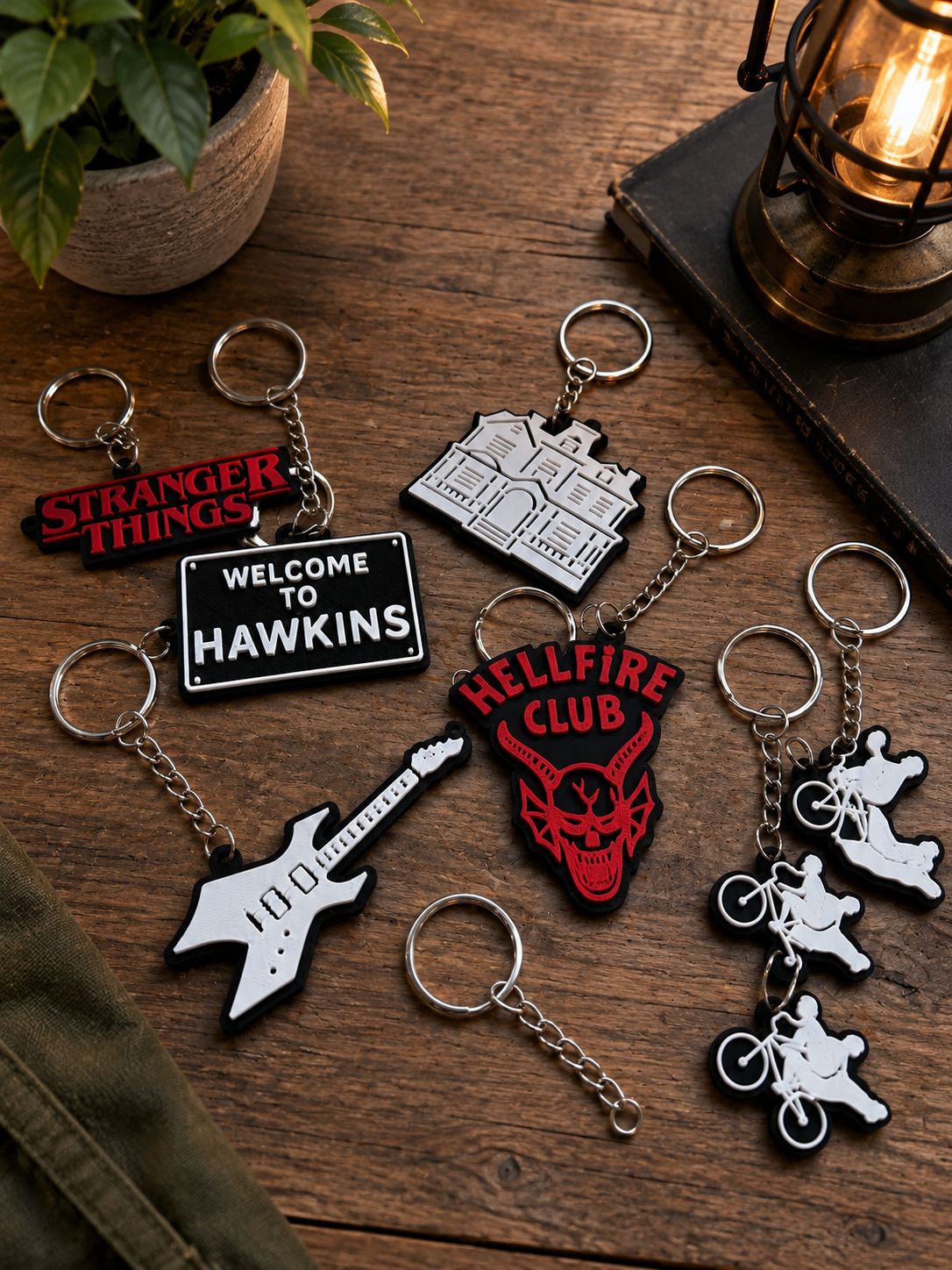 3D Printed Keychain Set | Hellfire Club, Hawkins Sign, Guitar & Bike Charms | Fan Gift Collection